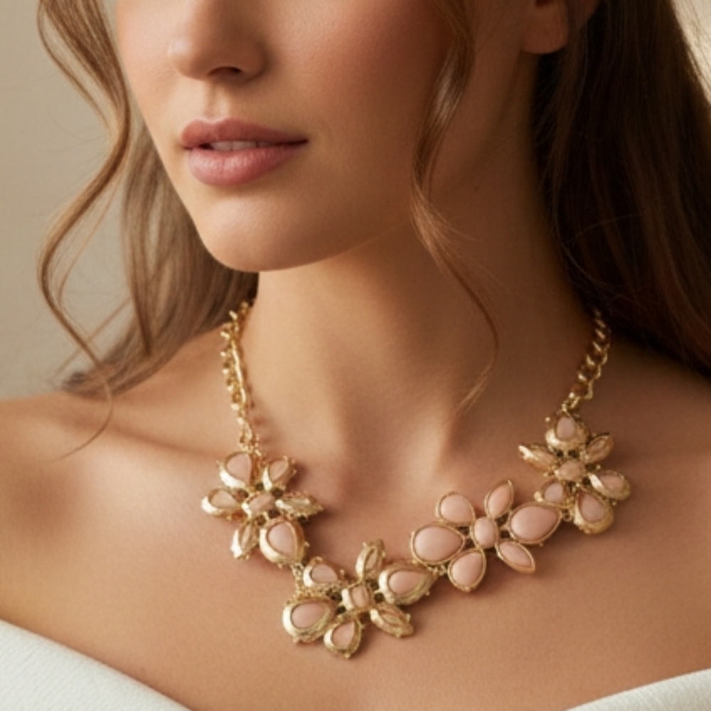 Gold & Blush Pink Floral Stone Statement Necklace